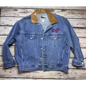 Pro Elite VTG NFL New York Giants Blue Denim Jean Jacket Coat Leather Collar L